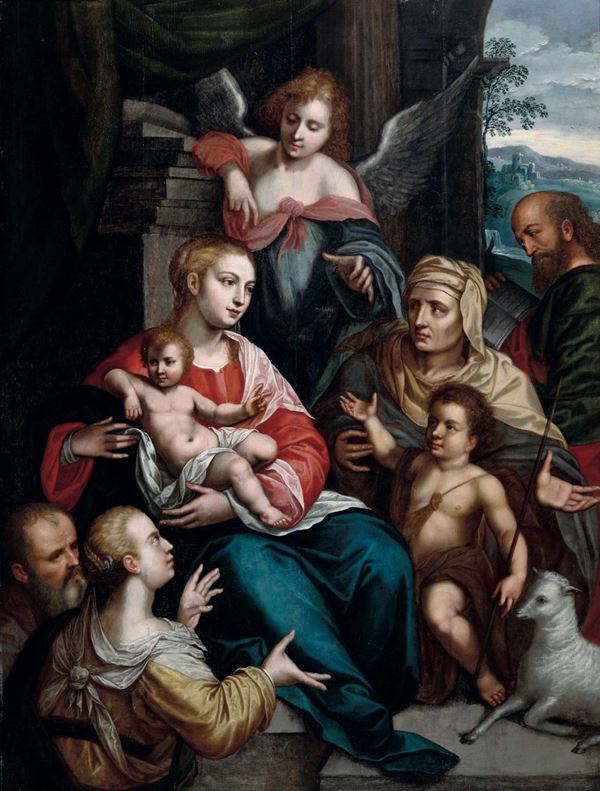Artista fiammingo attivo in Italia nel XVI secolo Sacra Famiglia con San Giovannino e Sant'Anna