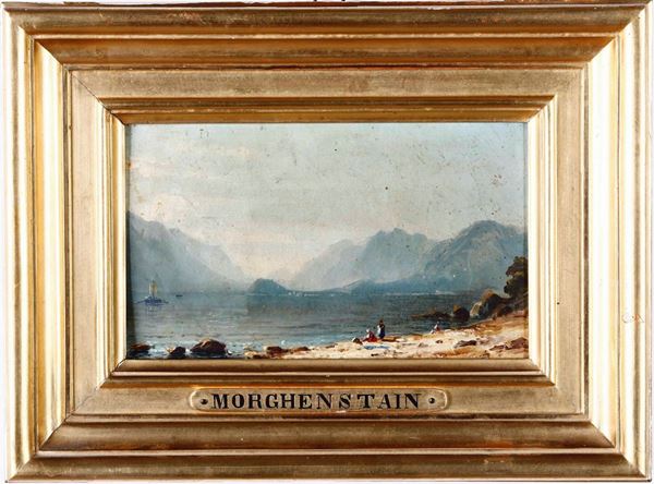 Carl Mongenstern (Francoforte sul Meno 1811 - 1893) Veduta lacustre con figure e imbarcazione