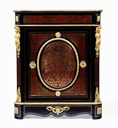 Credenza Napoleone III in Legno Ebanizzato e Decoro in Bronzo e Metallo Dorato di Gusto Boulle, F...