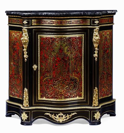 Credenzino Napoleone III in Legno Ebanizzato e Decoro in Metallo Dorato di Gusto Boulle, Francia ...