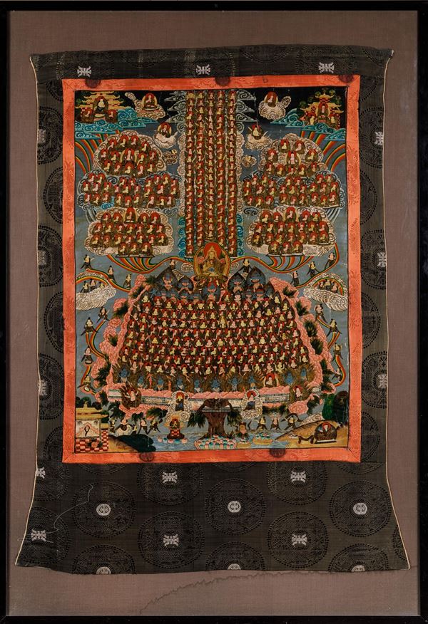 Thangka su seta raffigurante Lama Tsogkhapa e Gelupta Refuge Tree, Tibet, XX secolo