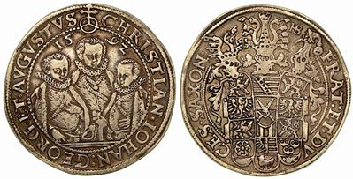 Germania - Saxony Albertine. Christian II, Johann George e August, 1591-1611. Thaler 1592.