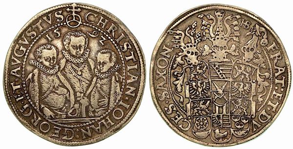 GERMANIA - SAXONY ALBERTINE. Christian II, Johann George e August, 1591-1611. Thaler 1592.