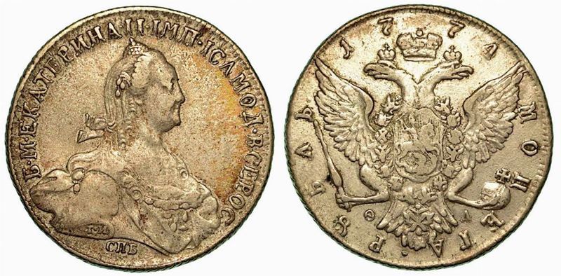 RUSSIA. Katerina II, 1762-1796. Rublo 1774.  - Auction Numismatics - Cambi Casa d'Aste