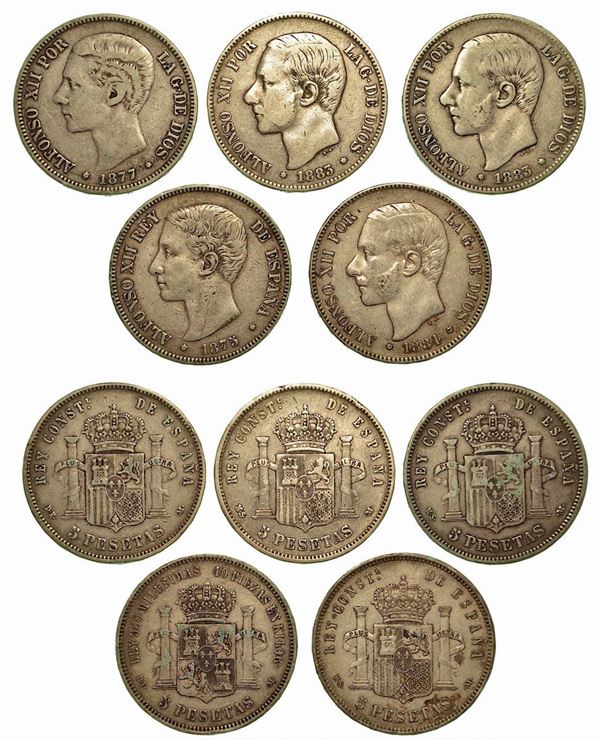 SPAGNA. Lotto di cinque monete.