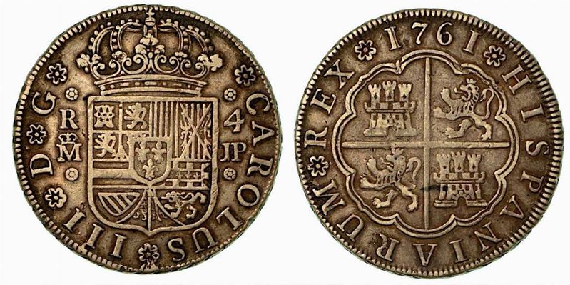 SPAGNA. Carlos III, 1759-1788. 4 Reales 1761 A.  - Auction Numismatics - Cambi Casa d'Aste