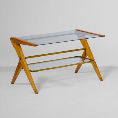 Tavolo Basso con Struttura in Legno e Ottone, Piani in Cristallo Molato.