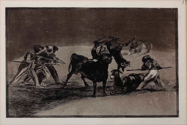 Francisco Goya - Goya Francisco  (Fuendetodos, 1746 – Bordeaux, 1828) Palenque de los moros hecho con burros para defenderse del toro embolado