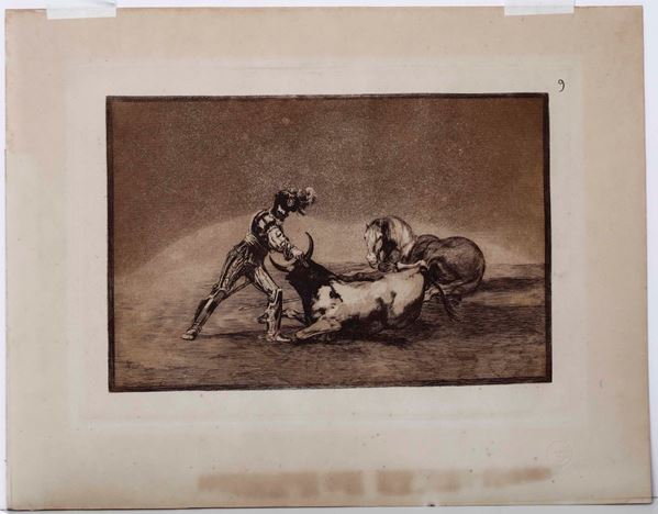 Francisco Goya - Goya Francisco  (Fuendetodos, 1746 – Bordeaux, 1828) Un caballero espanol mata un toro despues de haber perdido el caballo