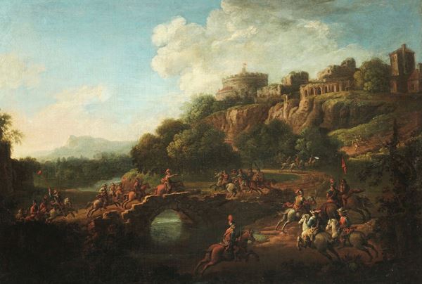 Scuola del XVIII secolo Paesaggio con soldati