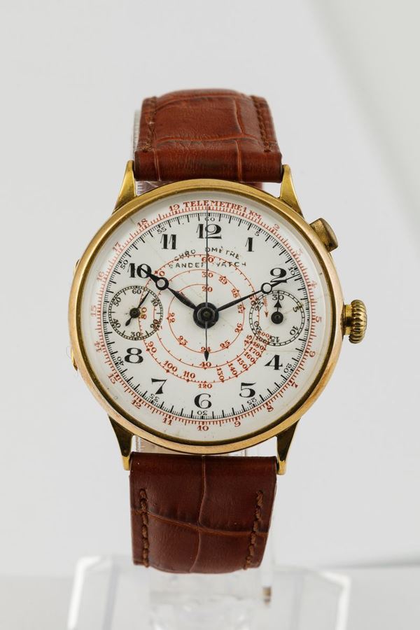 Orologio Chronometer Swiss monopulsante con cassa in oro 18k a cerniera e quadrante in smalto (con restauri) e anse fisse