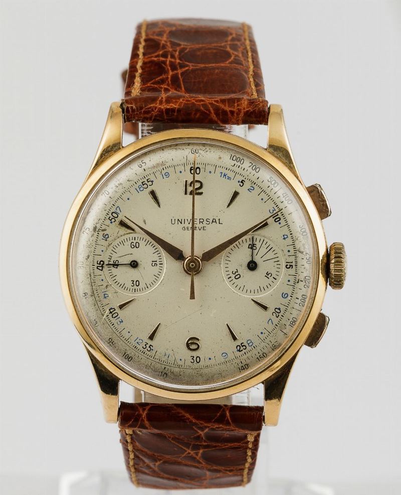 UNIVERSAL GENEVE - Uni Compax cronografo due contatori d'oro rosa 18k, carica manuale anni '50 Quadrante ristampato  - Auction Watches | Timed Auction - Cambi Casa d'Aste