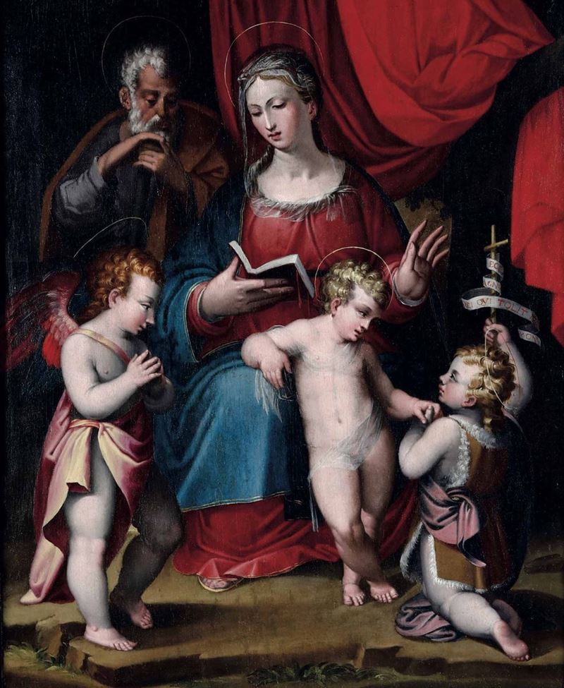 Scuola bolognese del XVI secolo Sacra Famiglia con San Giovannino e angelo  - Asta Dipinti antichi - Cambi Casa d'Aste