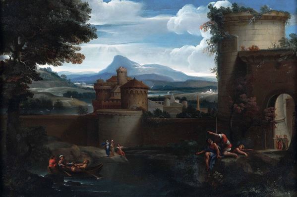 Annibale Carracci (Bologna 1560 - Roma 1609), scuola di Paesaggio con pescatori e architetture sullo sfondo