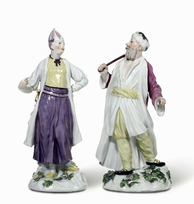 Coppia di Figurine Meissen, 1750 Circa Modelli di Johann Joachim Kaendler e Peter Reinicke