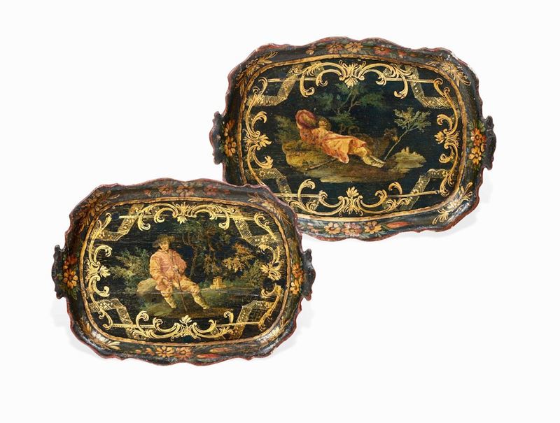 Coppia di vassoi Legno sagomato, dipinto, dorato e laccato Arte veneziana del XVIII secolo  - Asta Villa Bucci-Errani in Faenza - Cambi Casa d'Aste