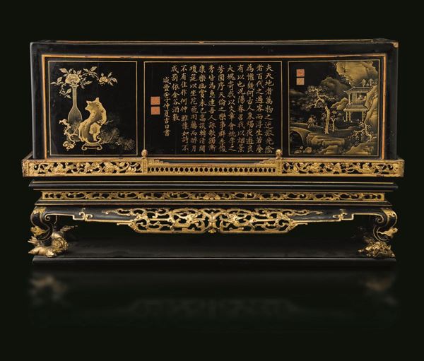 Tempietto in legno laccato raffigurante scena di vita comune, soggetti naturalistici e iscrizione, Cina, Dinastia Qing, XIX secolo