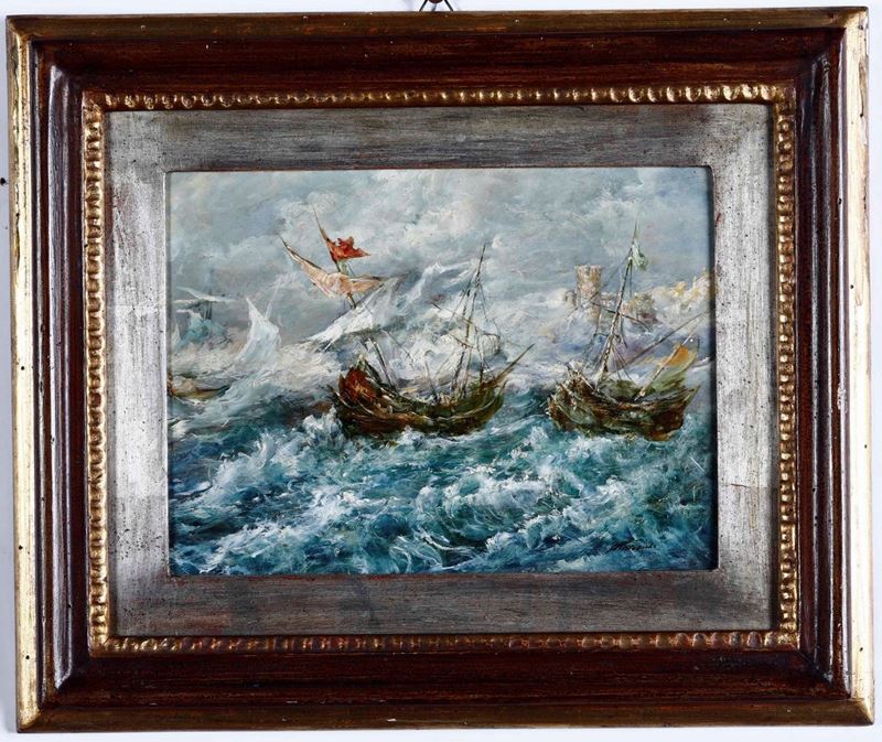 Antonioli, XX secolo Marina con veduta di barche  - Auction 19th-20th century paintings - Cambi Casa d'Aste