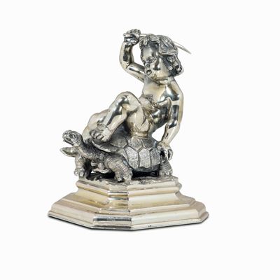 Putto su Tartaruga, Mario Buccellati Scultura in Argento Fuso e Cesellato Italia XX Secolo
