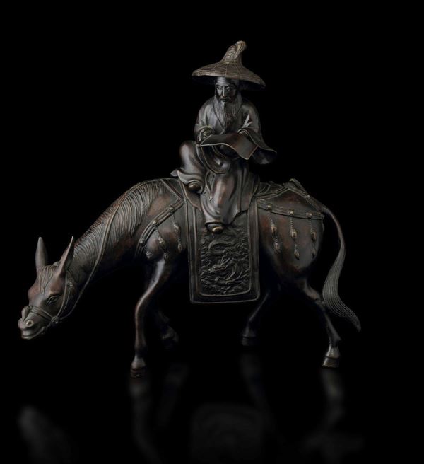 Incensiere in bronzo a foggia di saggio con scroll a dorso di un cavallo, Cina, Dinastia Ming, XVII secolo