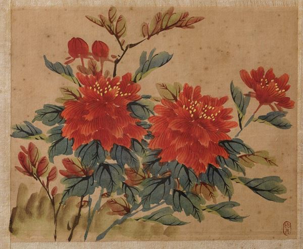 Quattro dipinti su seta raffiguranti soggetti naturalistici con uccellini tra i rami, Cina, XX secolo
