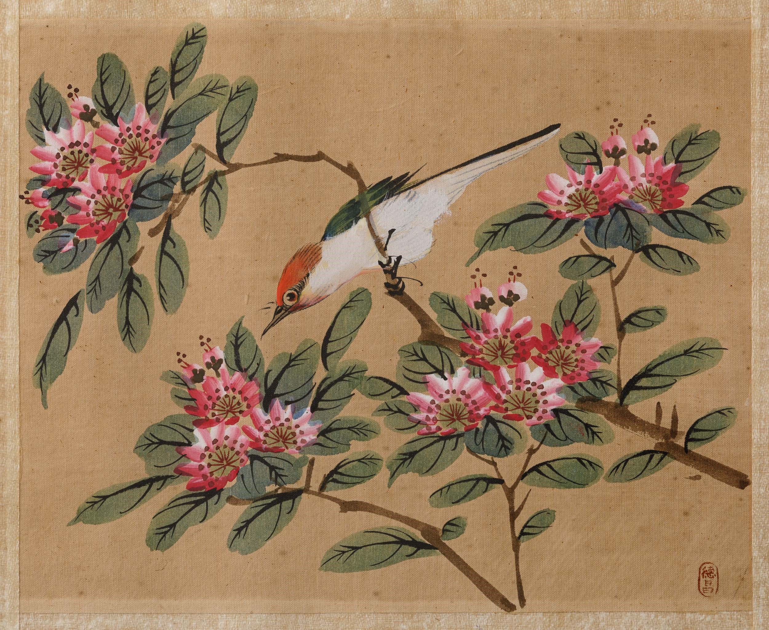 Quattro Dipinti su Seta Raffiguranti Soggetti Naturalistici con Uccellini tra i Rami, Cina, XX Se...