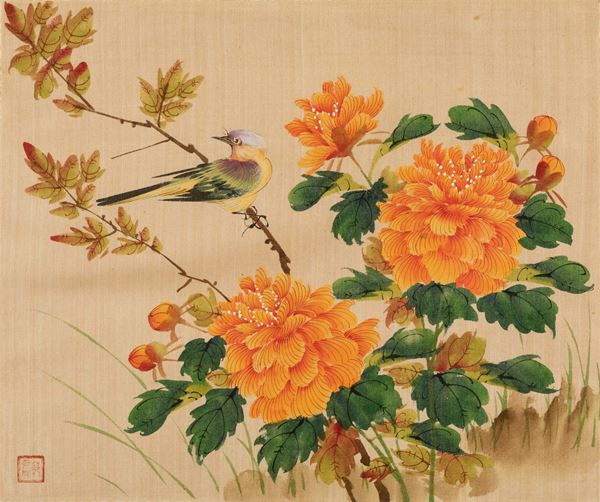 Cinque dipinti su seta raffiguranti soggetti naturalistici con uccellini tra i rami e iscrizioni, Cina,  [..]