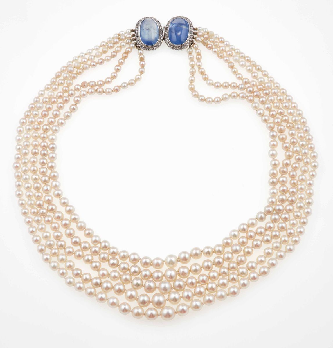 Collana con Perle Coltivate e Fermezza con Zaffiri Sri Lanka ed Anello con Perla Coltivata