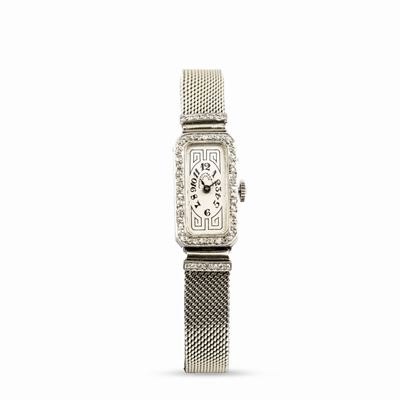 Patek Philippe - Orologio da Donna Art Decò con Cassa Rettangolino in Oro Bianco e Brillanti, Bra...