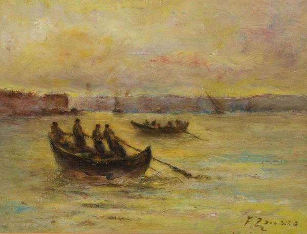 Faustino Zonaro (1913 - ?) Paesaggio con pescatori