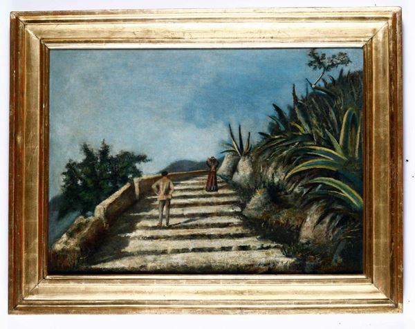 Daniele Ranzoni (1843 - 1889) Paesaggio con scalinata e figure