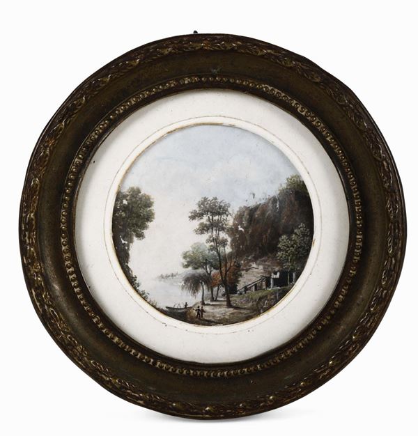 Miniatura ad acquerello su carta con paesaggio. XIX-XX secolo