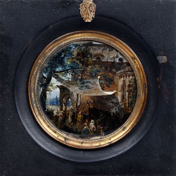 Miniatura fixè sotto vetro "Matrimonio in paese". Firmata e datata sul retro Calvì 1830