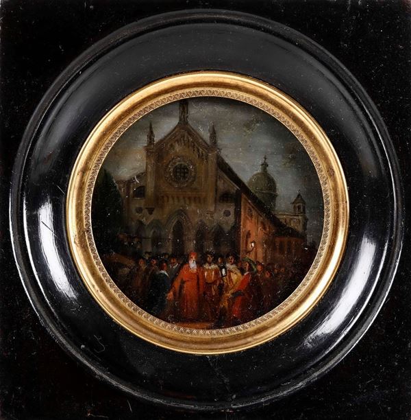Miniatura fixè sotto vetro "Duomo con figure". XIX secolo