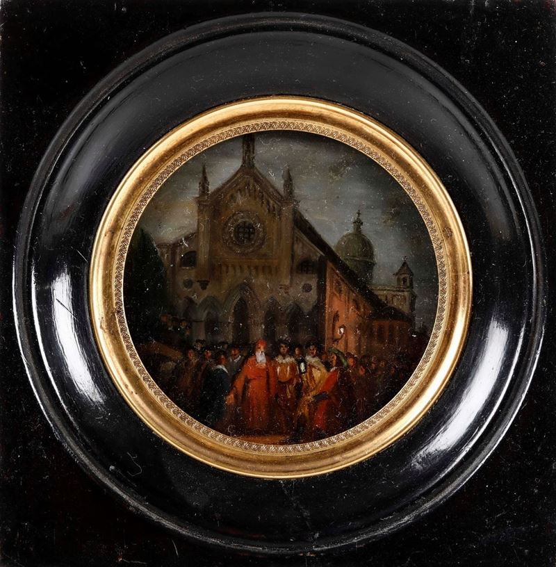 Miniatura Fixè sotto vetro "Duomo con figure". XIX secolo  - Auction Collectors' Silvers and Objets de Vertu - I - Cambi Casa d'Aste