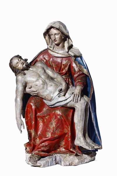 Pietà Legno Policromo Scultore Barocco Italiano del XVII Secolo