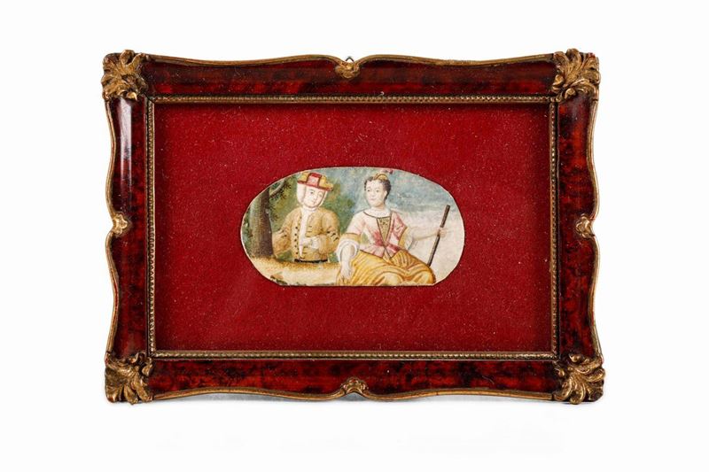 Miniatura ad acquerello su carta "Gli innamorati". XIX secolo  - Asta Argenti da Collezione e Objets de Vertu - I - Cambi Casa d'Aste