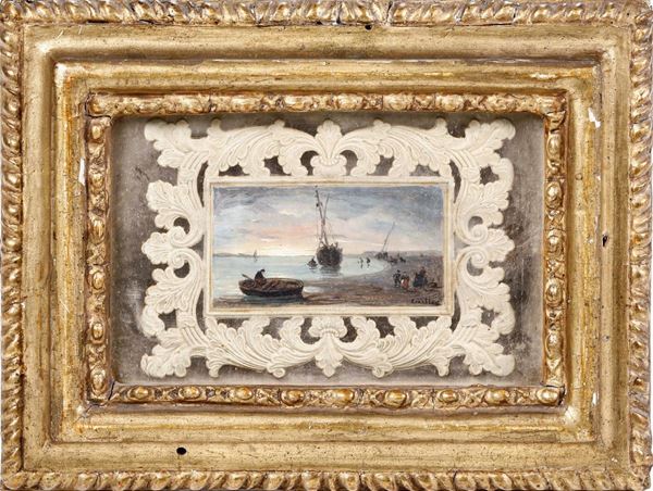 Miniatura ad olio raffigurante Spiaggia con figure e barche. XIX-XX secolo