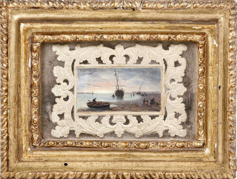 Miniatura ad olio raffigurante Spiaggia con figure e barche. XIX-XX secolo  - Asta Argenti da Collezione e Objets de Vertu - I - Cambi Casa d'Aste