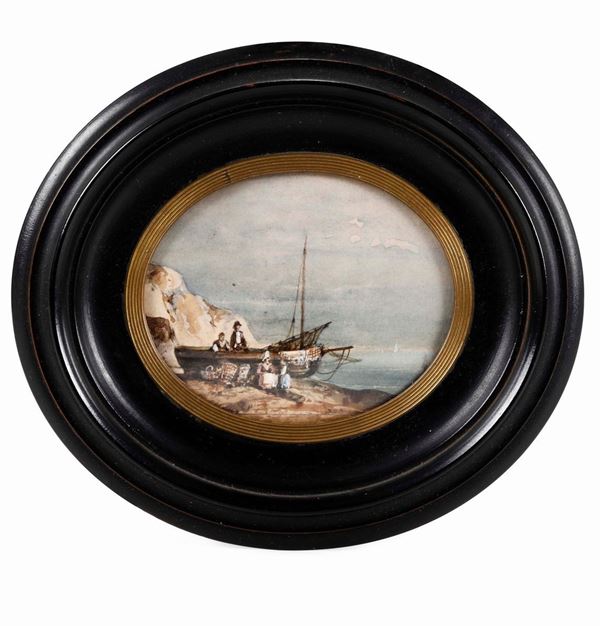 Miniatura ad acquerello su carta "Barca con pescatori". XIX secolo