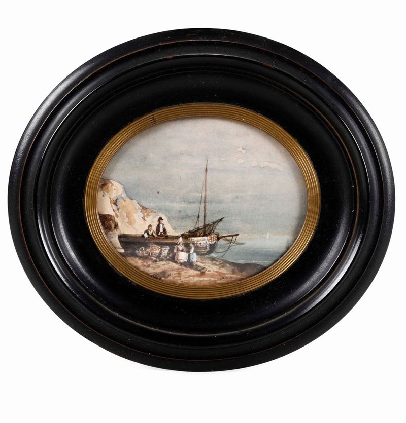 Miniatura ad acquerello su carta "Barca con pescatori". XIX secolo  - Auction Collectors' Silvers and Objets de Vertu - I - Cambi Casa d'Aste