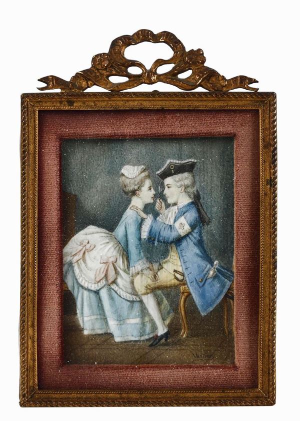 Miniatura su avorio raffigurante "Visita dall'oculista". Antoine Vestier (1740-1824)