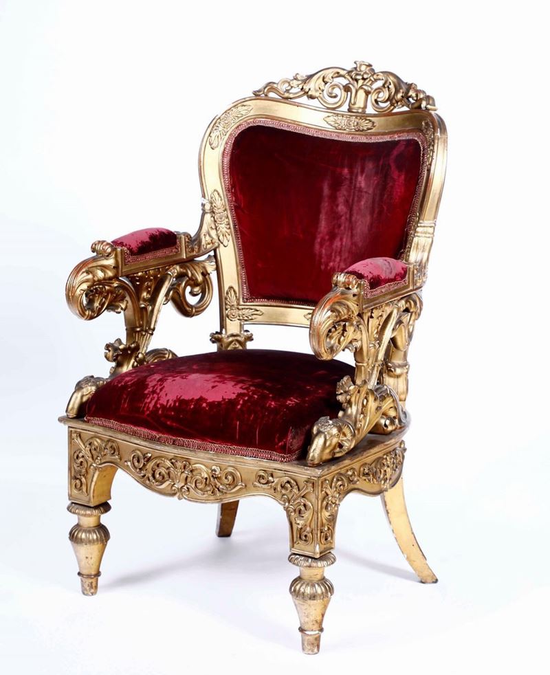 Trono in legno intagliato e dorato, imbottitura in velluto rosso. XIX-XX secolo  - Auction Antiques | Timed Auction - Cambi Casa d'Aste