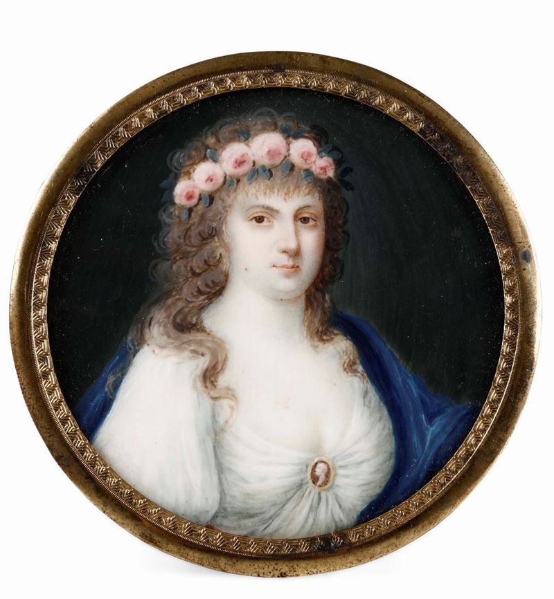 Miniatura su avorio raffigurante una donna con corona di rose. XIX secolo  - Auction A Lombard Property | Cambi Time - Cambi Casa d'Aste