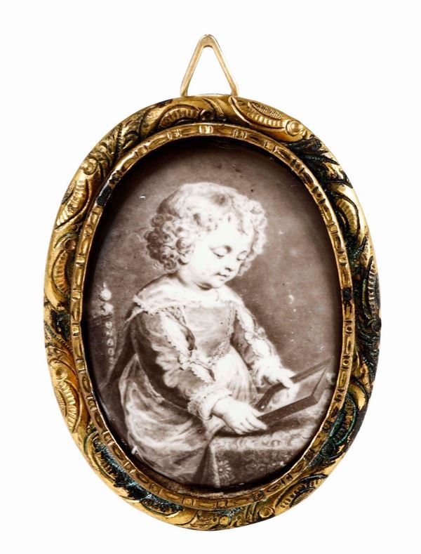 Miniatura su porcellana raffigurante una fanciulla in grisaille. XIX secolo