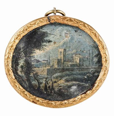 Miniatura su Tavoletta Raffigurante Paesaggio con Case e Albero. XIX Secolo