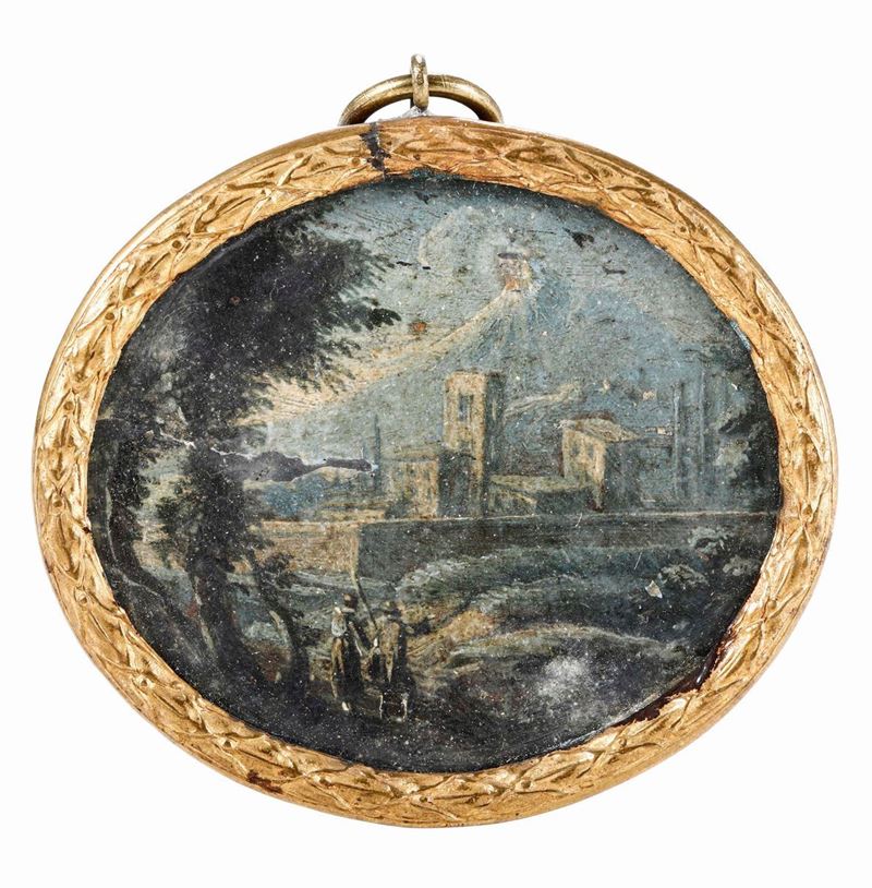 Miniatura su tavoletta raffigurante paesaggio con case e albero. XIX secolo  - Auction Collectors' Silvers and Objets de Vertu - I - Cambi Casa d'Aste
