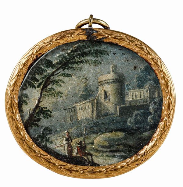 Miniatura ad olio su tavola "Paesaggio con castello e figure" XIX secolo