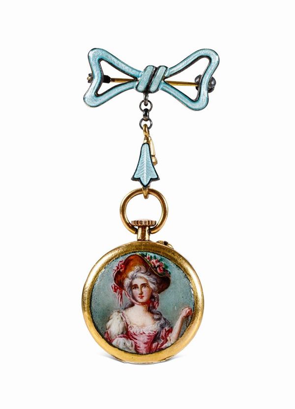 Piccolo orologio con miniatura raffigurante dama, montatura in oro basso titolo