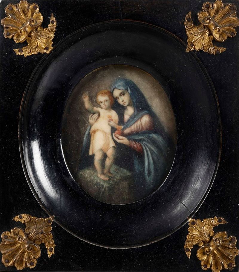 Miniatura su avorio "Madonna con Bambino". XIX-XX secolo  - Asta Argenti da Collezione e Objets de Vertu - I - Cambi Casa d'Aste